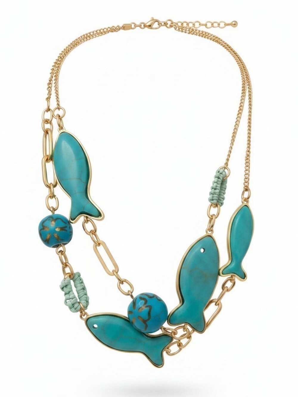 💙▪️Piper K ▪️Gold Chain Turquoise Fish Double Chain  Pendant Necklace
